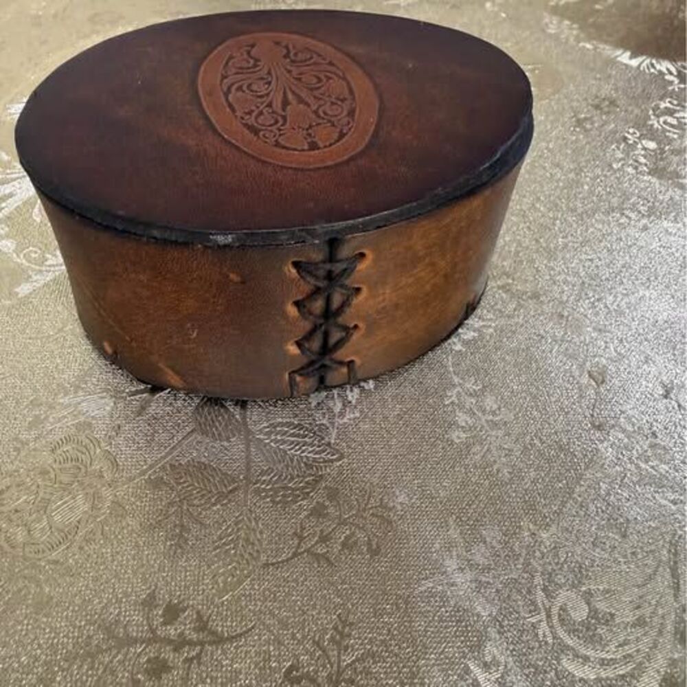 Vintage Tooled Leather Trinket Box Floral Design Hand Laced
